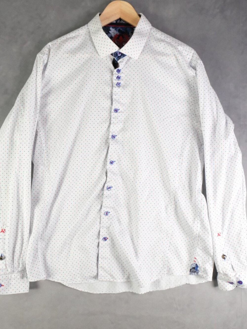 Au Noir Shirt Mens 6 Xxl 2Xl White Red Blue Polka Dot Button Up Long Sleeve Slim